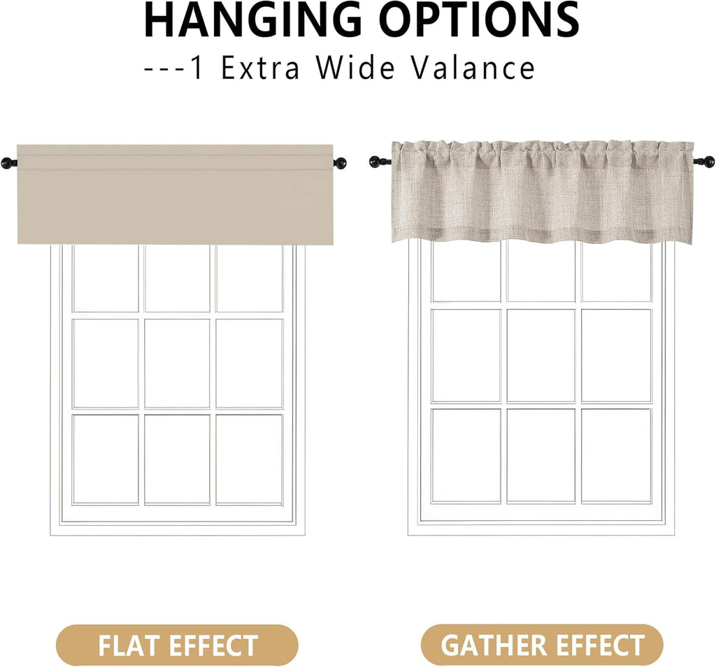 Valance for Windows, Light Filtering Faux Linen Textured Small Short Valance Kitchen Curtain, Dual Rod Pocket Top