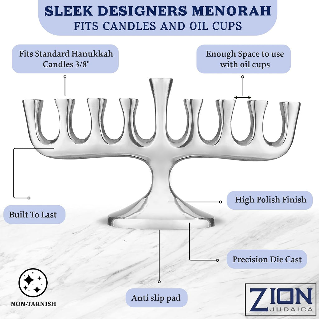 Zion Judaica Stunning Sleek Designers for Hanukkah High Polished Traditional Candle and Oil Chanukiah Classic
