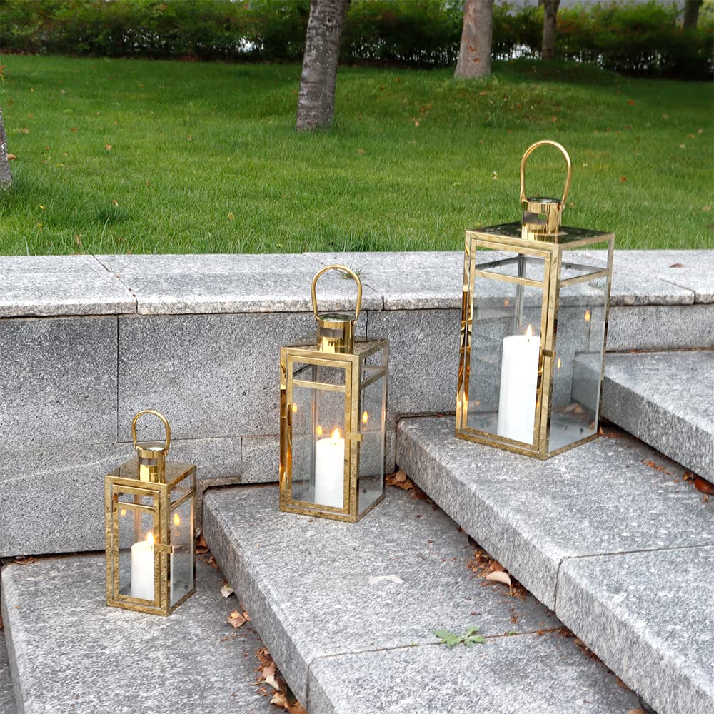 Elegant Gold Stainless Steel Lantern Set- 3 Sizes (12", 15", 19") - Tempered Glass Panel Metal Lanterns for Versatile
