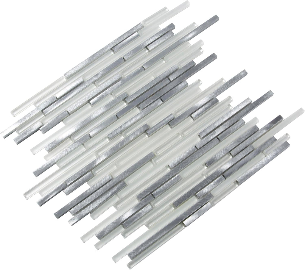 Linear Mosaic Glass & Metal Tile White & Silver 11.8x11.8 4.83 sq ft 5pk | Mesh-backed sheets. Kitchen backsplash