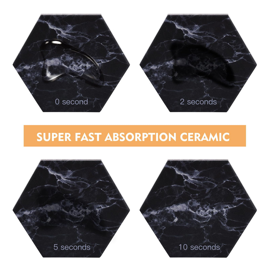 Black Coasters, Absorbent Coaster Set for Drinks Holder Marble Cork Costers