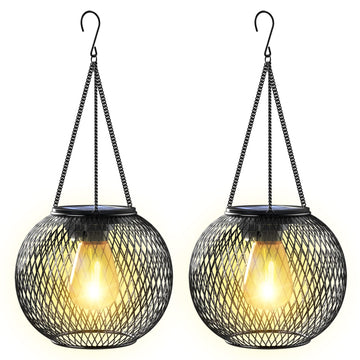 Solar Lantern Outdoor Waterproof, Hanging Solar Lights, 2 Pack, Black