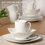 Zen Buffet White Porcelain Dinnerware Set for 4, Square Plates Bowls and Mugs, Chip and Scratch Resistant