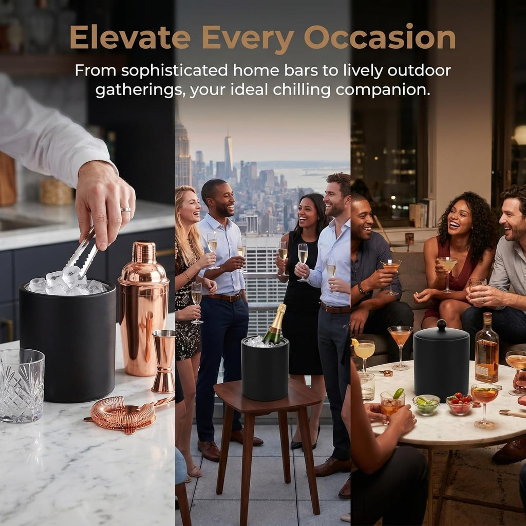 Ice Bucket with Lid & Tong - Insulated Stainless Steel Ice Bucket for Cocktail Bar & Parties - Black Double-Wall Wine