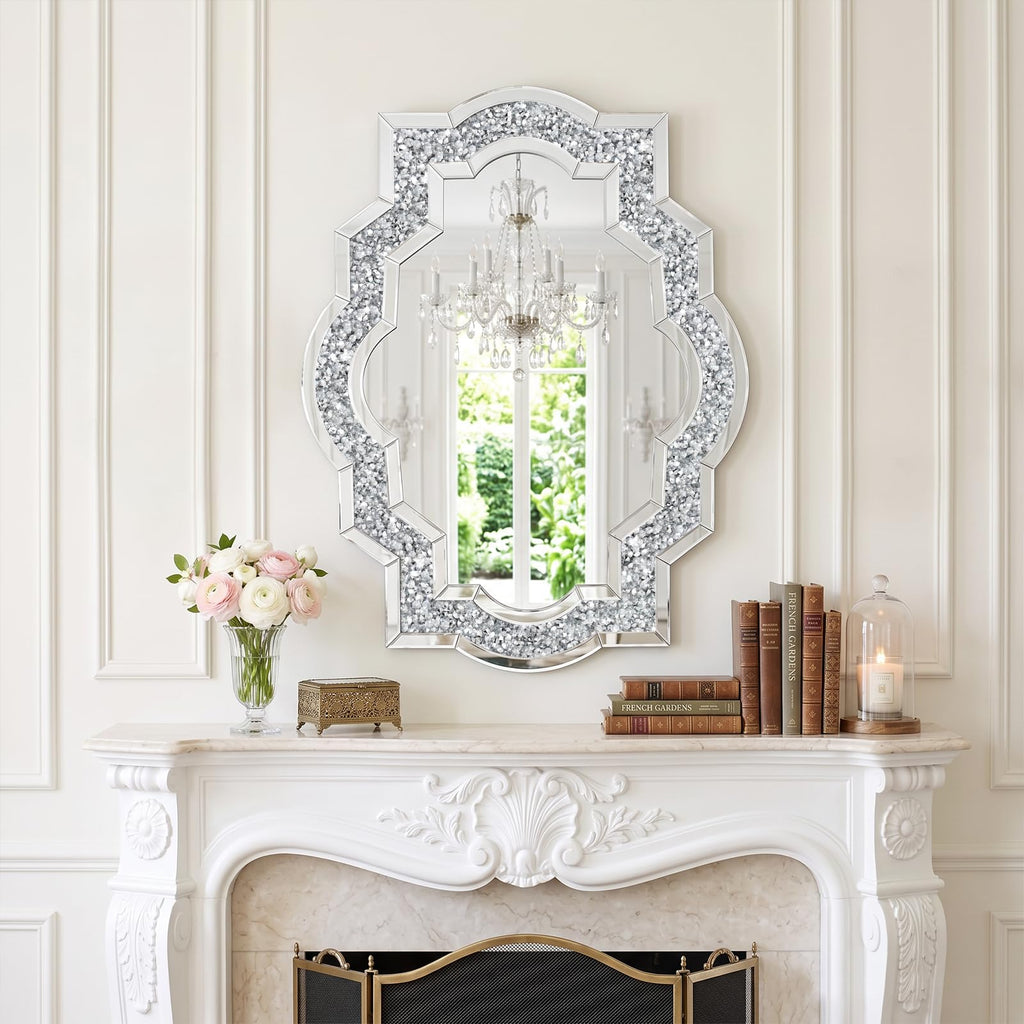 27.5" x 35.4" Ornate Crushed Diamond Wall Mirror, Silver Decorative Mirror, Modern Glam Wall Mounted Mirror Home Decor