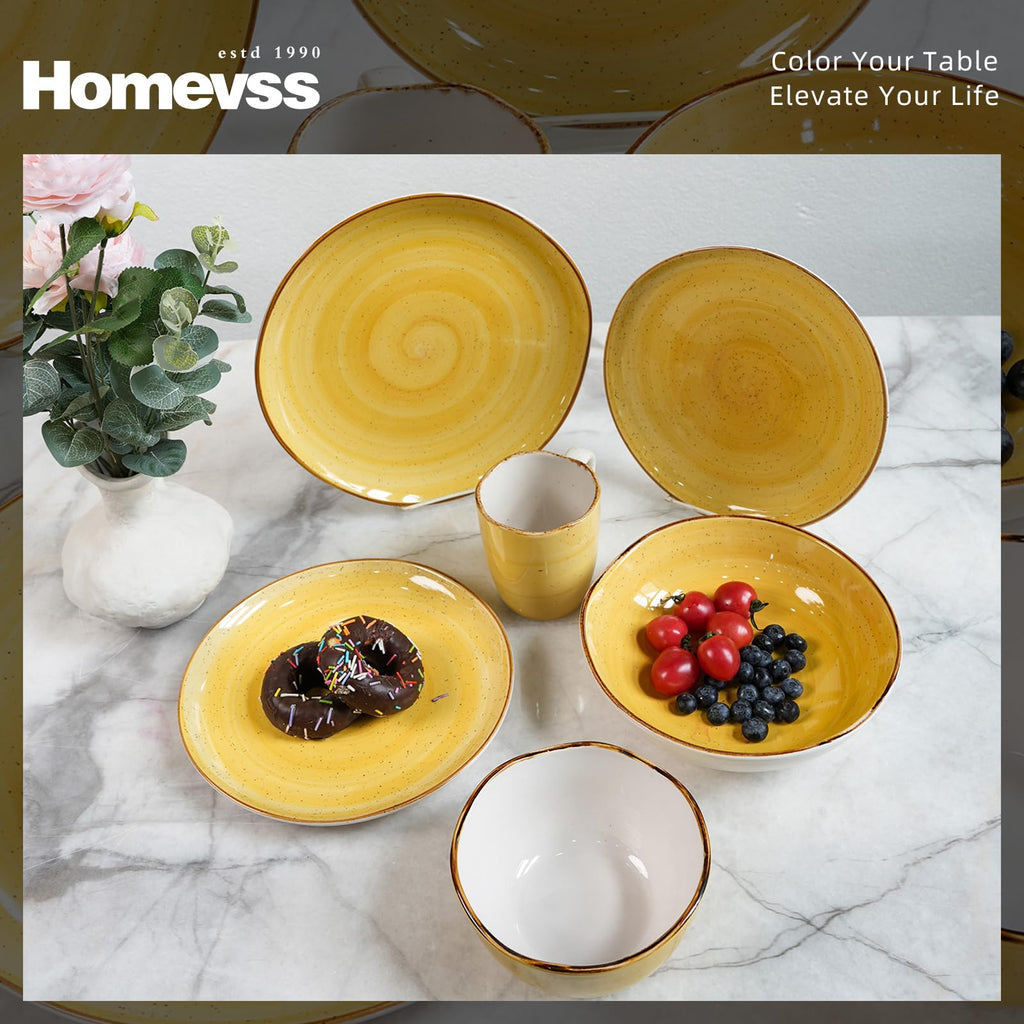 Highland 16-Piece Dinnerware Set Service for 4, Organic Shape Stoneware Plates and Bowls Set, Scratch Resistant