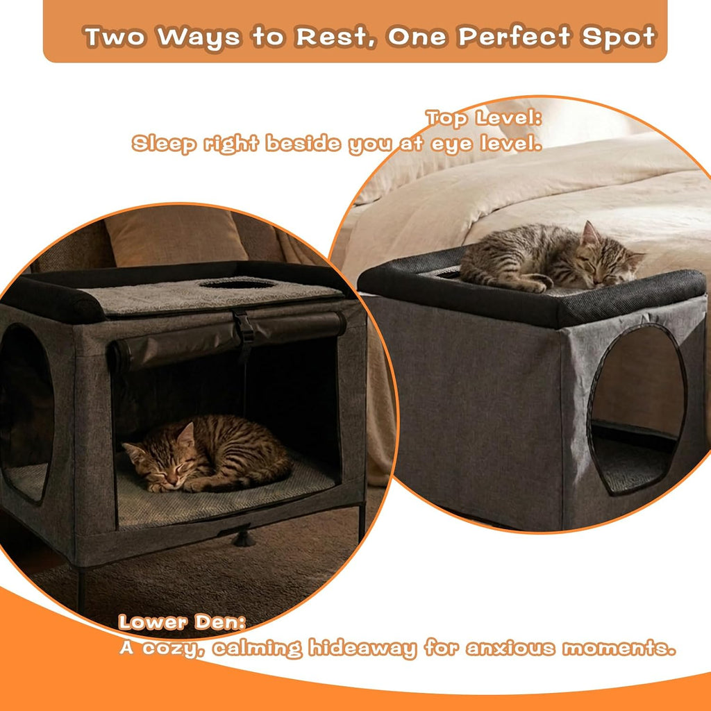 Cat Bunk Bed with Secret Passage Hole, Bedside Elevated Cat Cot for Small Cats, Reversible Lower Mattress, Soft