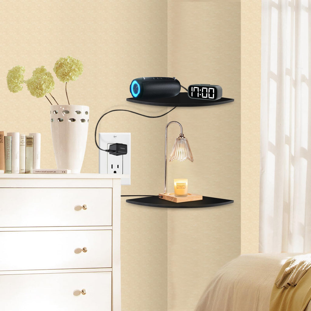 Corner Shelf Wall Mounted, 12-Inch Sector Wood Floating Corner Shelves with Wire Hole, Set of 2 Circular arc Corner