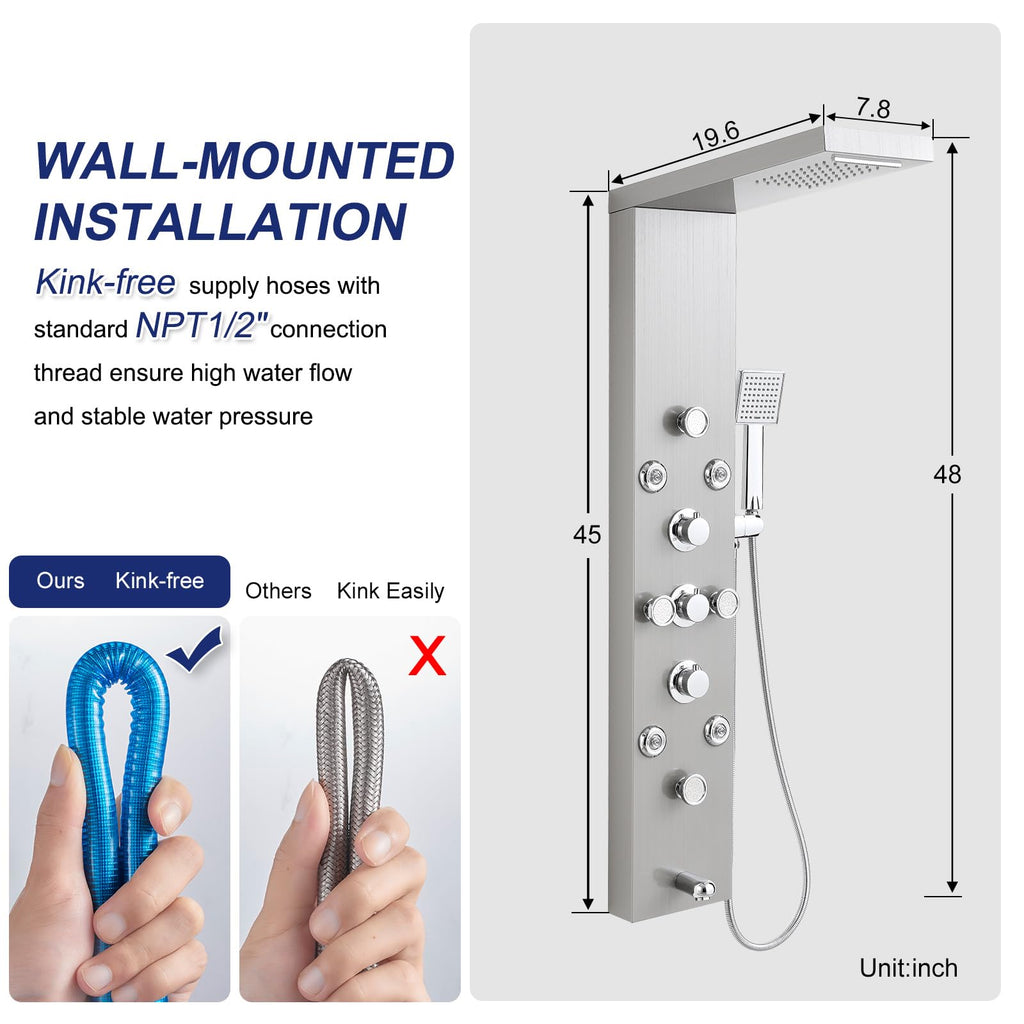 6 in 1 Rainfall Waterfall Shower Panel Tower System, Brushed
