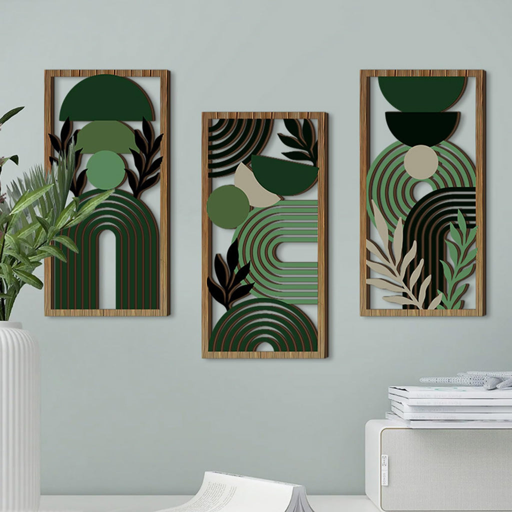 LB Modern Geometric Wall Art Set of 3, Boho Abstract Mid Century Wall Decor Wooden Framed, Green Striped Black Leaf