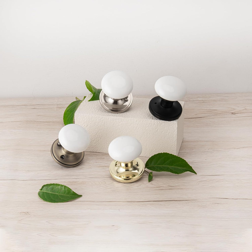 White Door Knobs, Antique Brass Porcelain Door Handle with Push Lock