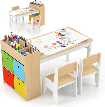 Kids Art Table and Chair Set with Paper Roll, Bookshelf, Natural