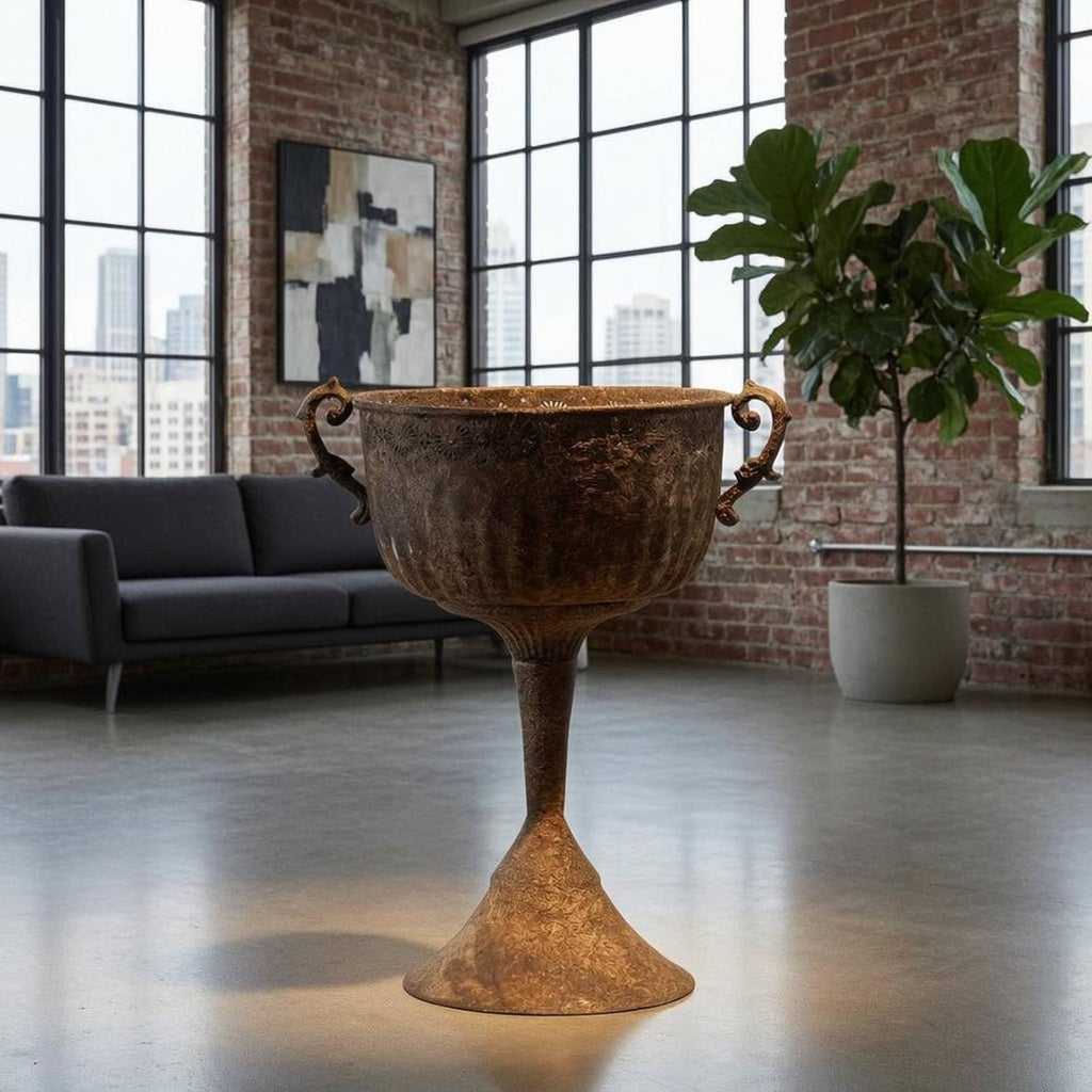 Outdoor Trophy Planter Urn Planter Pedestal Planter Flower Planter with Stone Like Brown Finish and Embossed Band