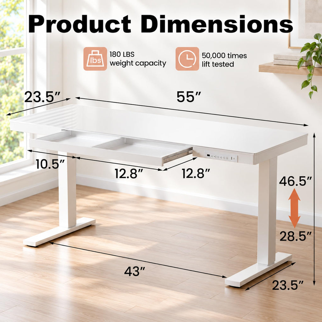 Glass Standing Desk, Height Adjustable Desk, 55 X 24 Inch, White