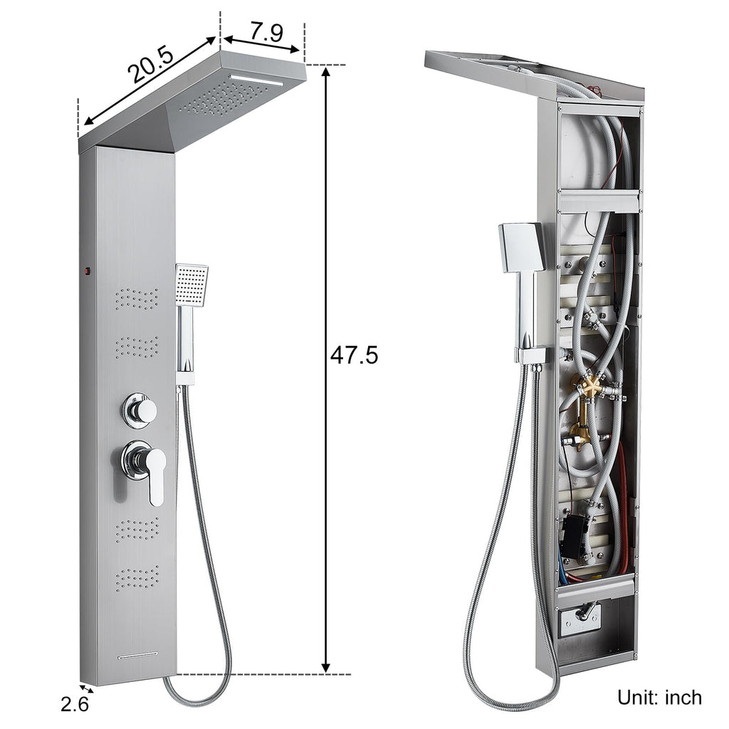 Shower Panel Tower System with LED Lights, Brushed Stainless Steel