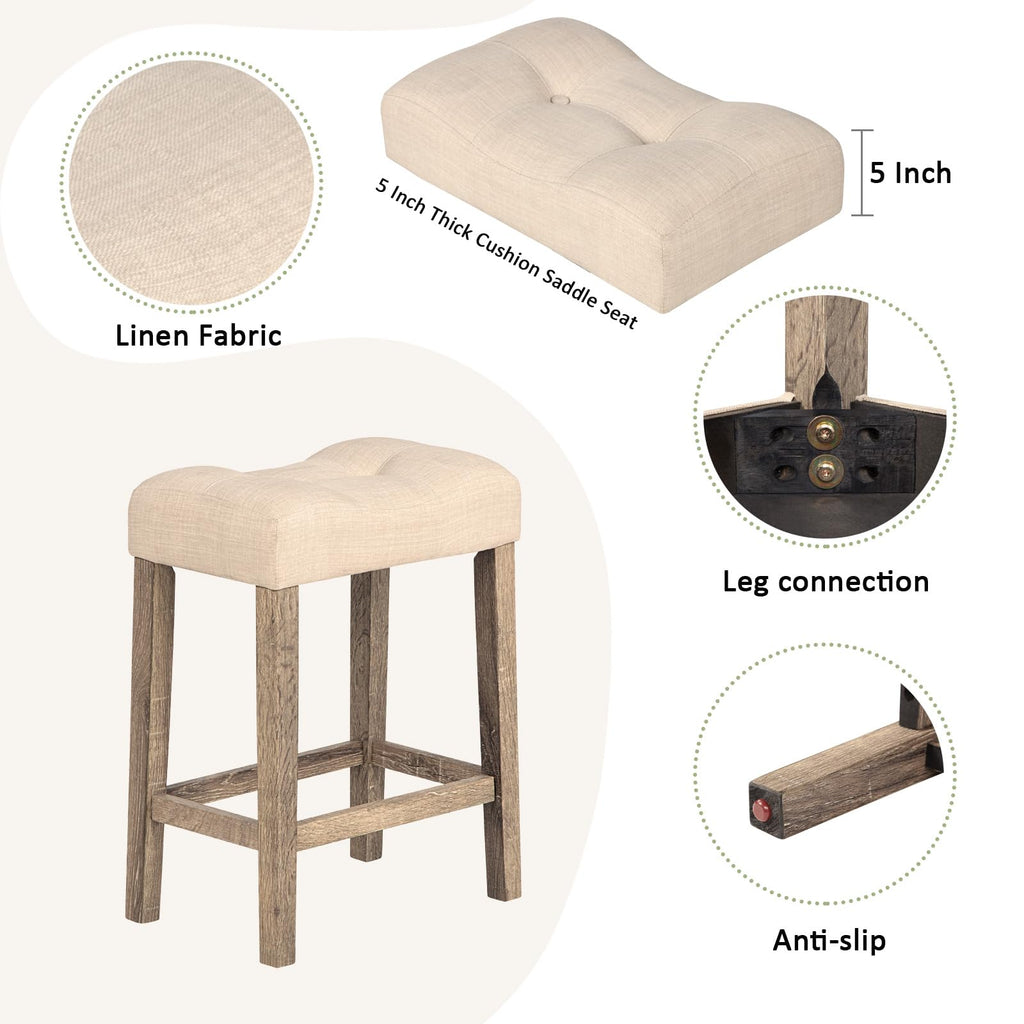 4 Piece Bar Table Set with Power Outlet, Behind Sofa Couch Table with 3 Linen Fabric Padded Saddle Seat Stools