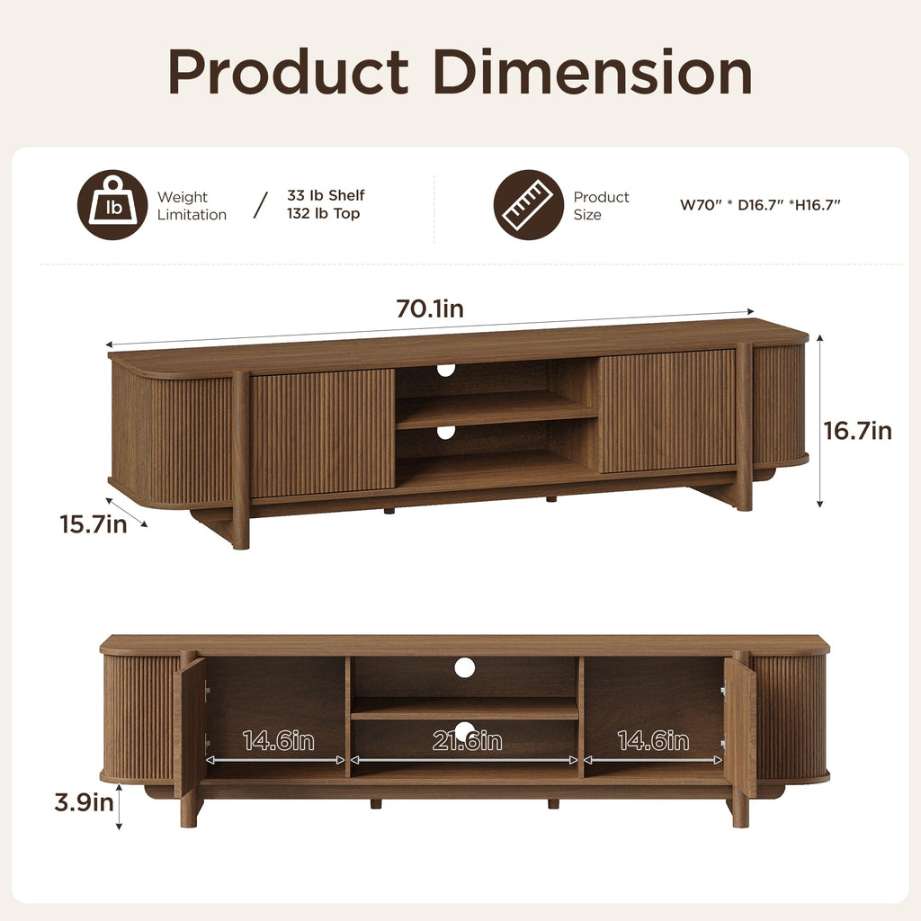70" Mid Century TV Stand for TVs up to 80 Inch, Fluted Entertainment Center with Storage and Adjustable Shelves, Modern