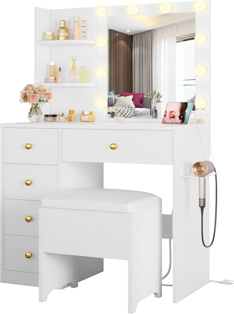 Vanity Desk with Mirror and Lights, White | Small Makeup Vanity Table, 5 Drawers, Power Outlet, Vanity Stool
