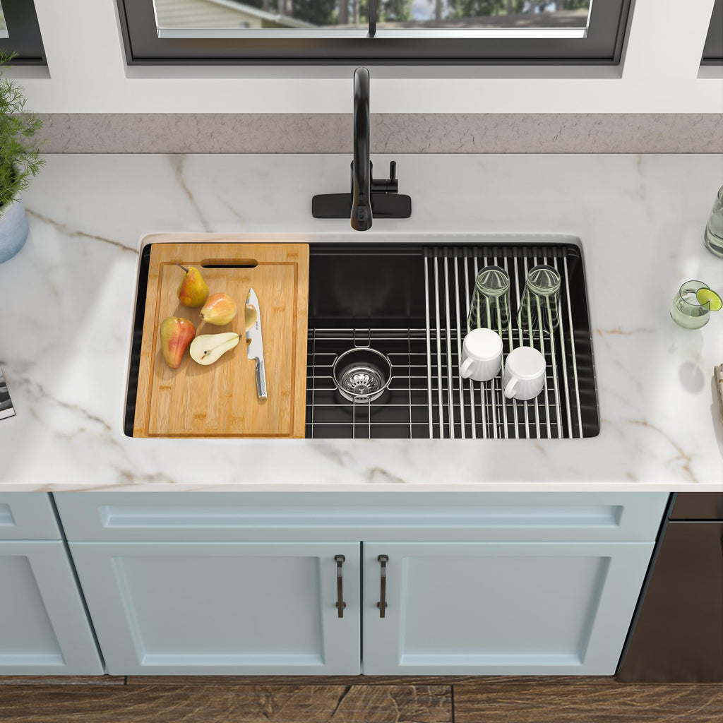 33"x19" Granite Composite - Undermount Ledge Workstation Matte Black Granite Quartz Classic Under Counter Single Bowl
