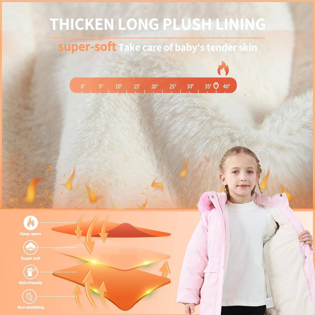 Girls Winter Coat Long Puffer Jacket Outwear Warm Quilted Coats Parka Kids Removable Hood Fleece Inner