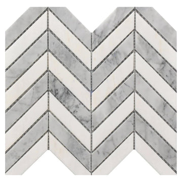 White and Grey Marble Chevron Mosaic Tile - 11x12 Inch Mesh-Mounted Sheet - Natural Marble Geometric Mosaic