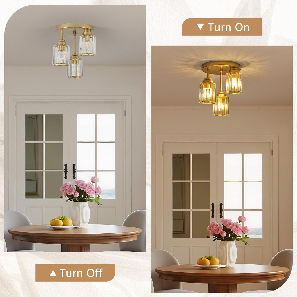 3-Light Champagne Gold Semi Flush Mount Ceiling Light, Modern Ceiling Light with Clear K9 Crystal Shade, E26 Base