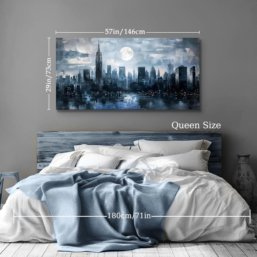 New York Skyline Wall Art Prints, City Night Landscape Large Canvas Painting, Abstract Urban Architecture Aesthetic