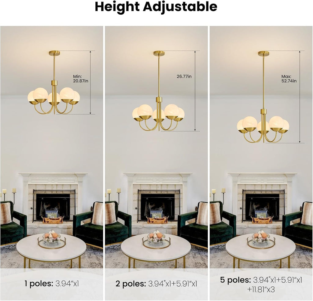 5-Light Modern Gold Chandelier, Mid Century Sputnik Globe Pendant Light with Milk White Glass Shades, Height