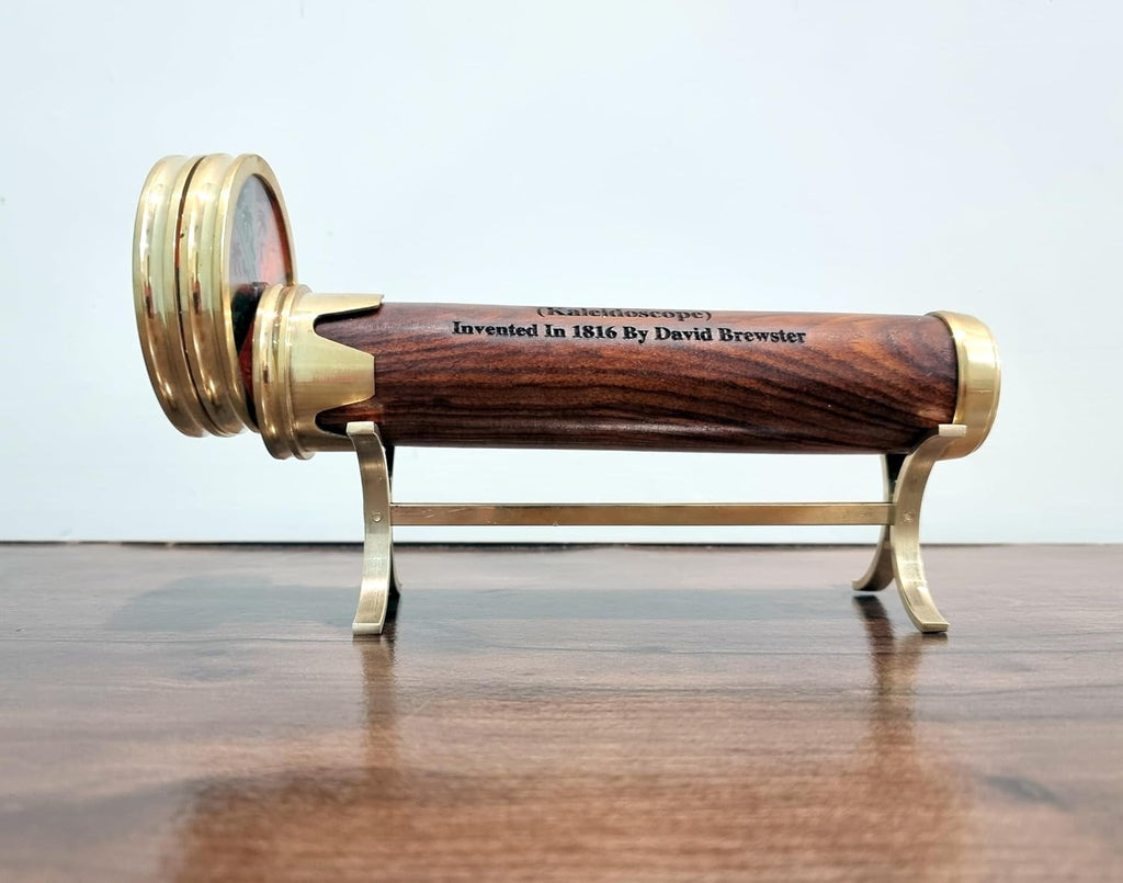 Premium Wood and Brass Kaleidoscope with Brass Stand - Dual-Wheel Handcrafted Optical Instrument | Decorative