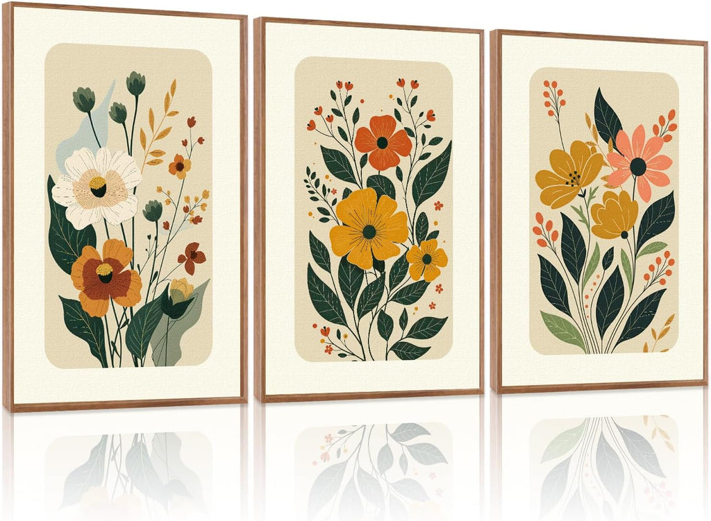 Boho Floral Botanical Framed Canvas Wall Art Set,Abstract Vintage Beige Wall Decor,Minimalist Wildflowers Artwork