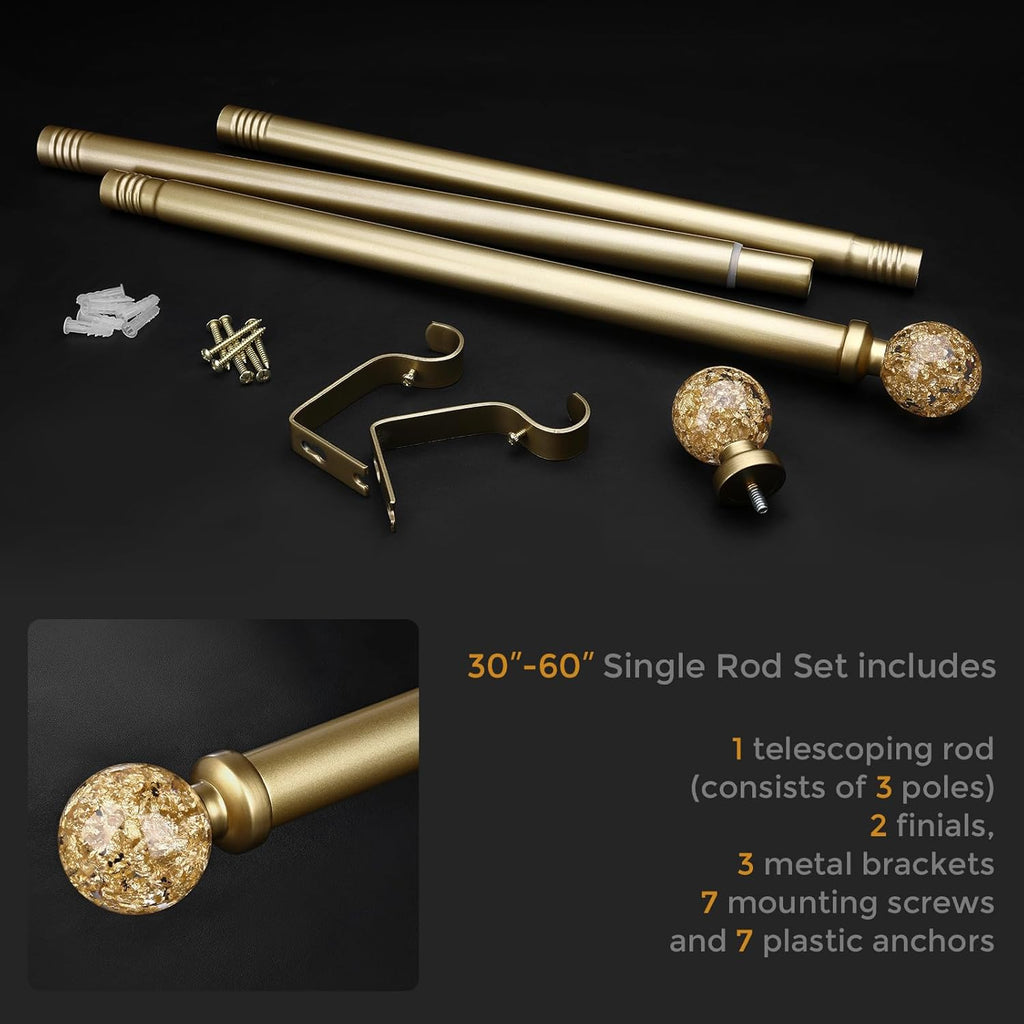 Gold Curtain Rods for Windows 28 to 48 Inch, 1'' Heavy Duty Adjustable Drapery Rod with Unique Crystal Ball Finials
