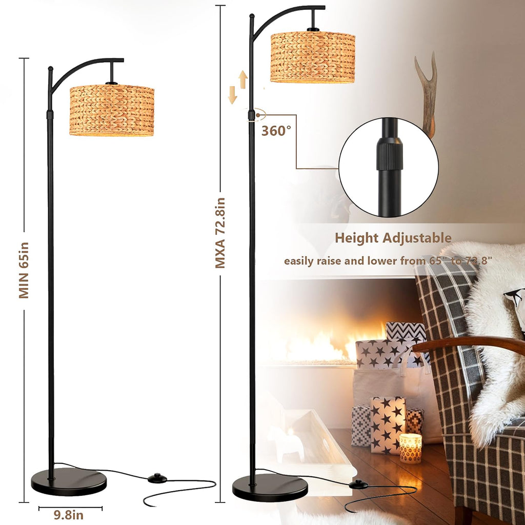 Floor Lamp Bedroom Farmhouse Arc Rattan Boho Standing Lamp with Remote Dimmable Black Wicker Bamboo Lamp Shade Floor