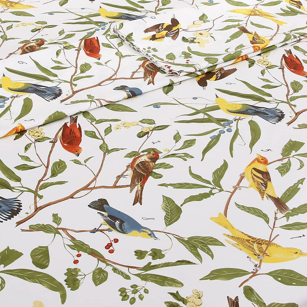 4Pcs Birds Sheets Set for Bed, Farmhouse Green Leaves Pattern, Luxurious Egyptian Percale Cotton Bed Sheet Silky