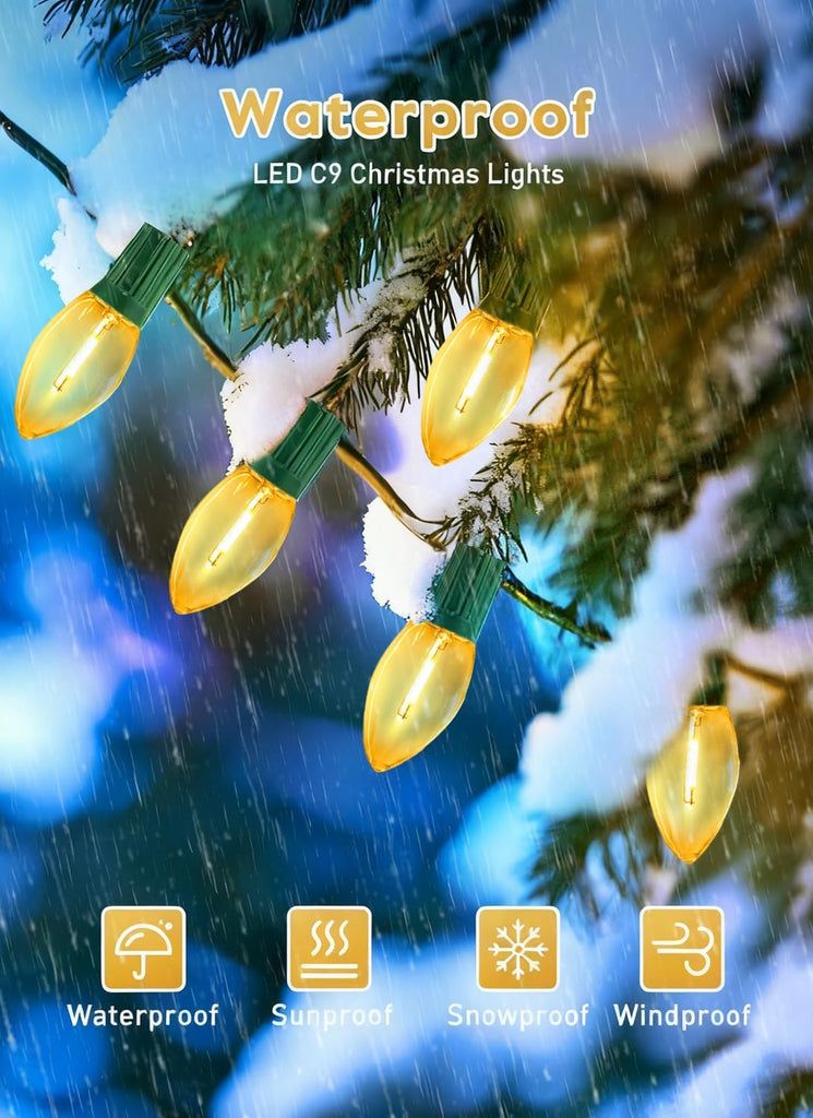 C9 LED Christmas String Lights Outdoor, 100FT 100+4 LED 2700K Warm White Waterproof C9 String Lights, Plug-in