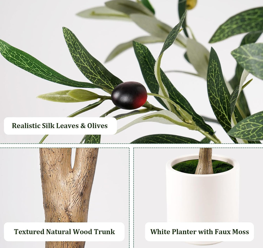 Artificial Olive Tree 6FT with Natural Wood Trunk, Realistic Silk Leaves