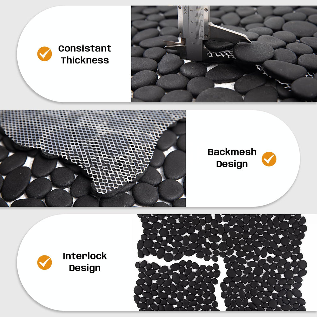 Pebble Tile for Shower Floor, 12"x12" Black Pebble Tiles, 5 Pcs