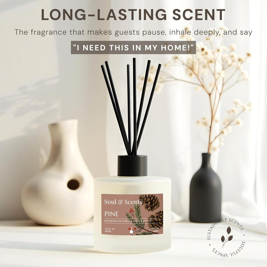 Reed Diffuser Set - Pine | 7.43 oz Refillable Scented Oil with 6 Fiber Sticks | Long-Lasting Home Fragrance & Air