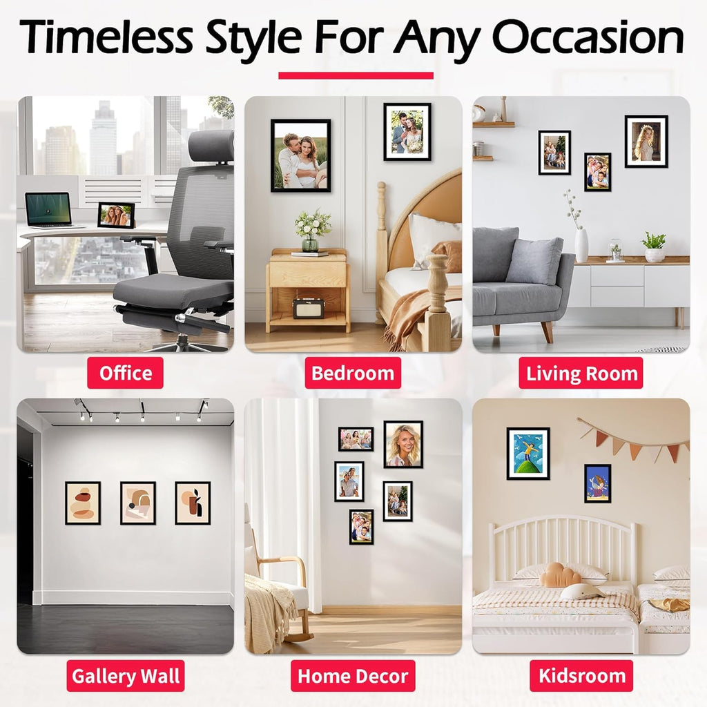 8x10 Picture Frame Set of 8, Black Photo Frames for Tabletop or Wall Display, Fits Pictures 5x7 with Mat or 8x10