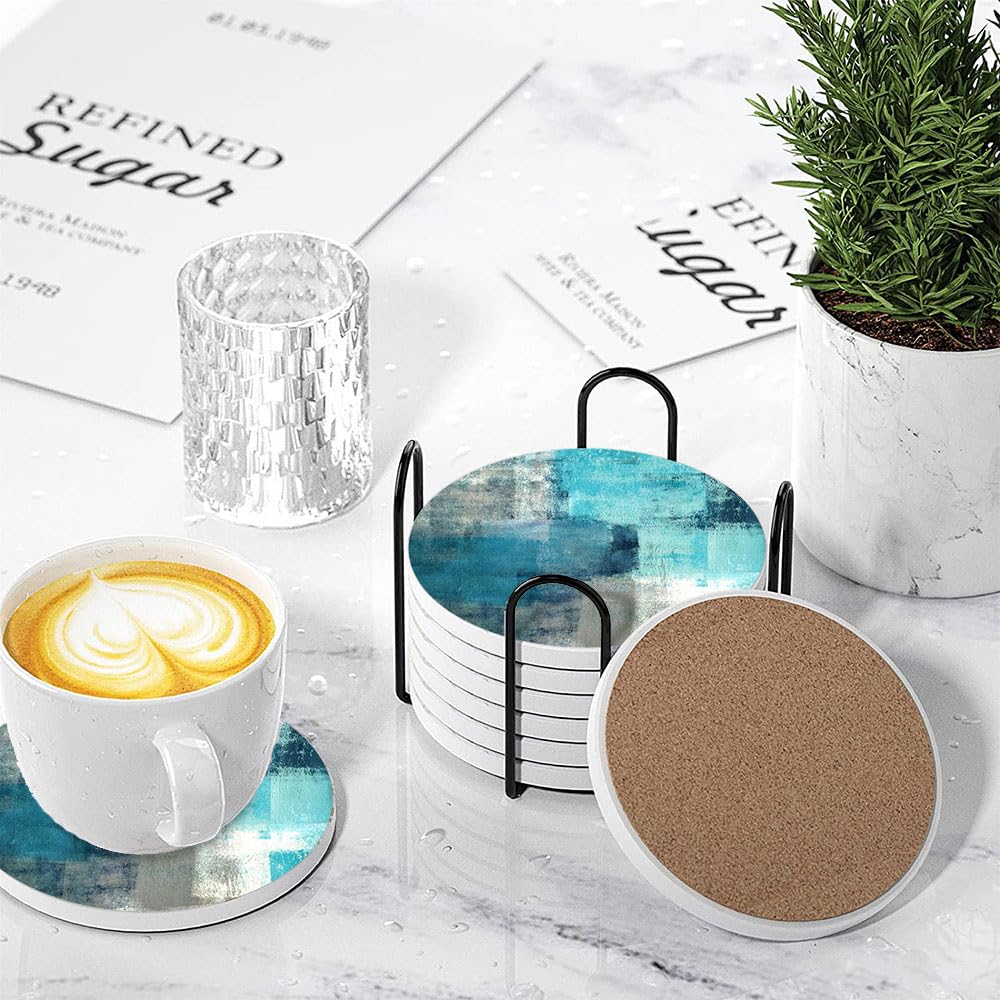 Coasters for Drinks, Round Absorbent Ceramic Stone Coaster Sets of 6 with Metal Holder Stand, Turquoise and Grey