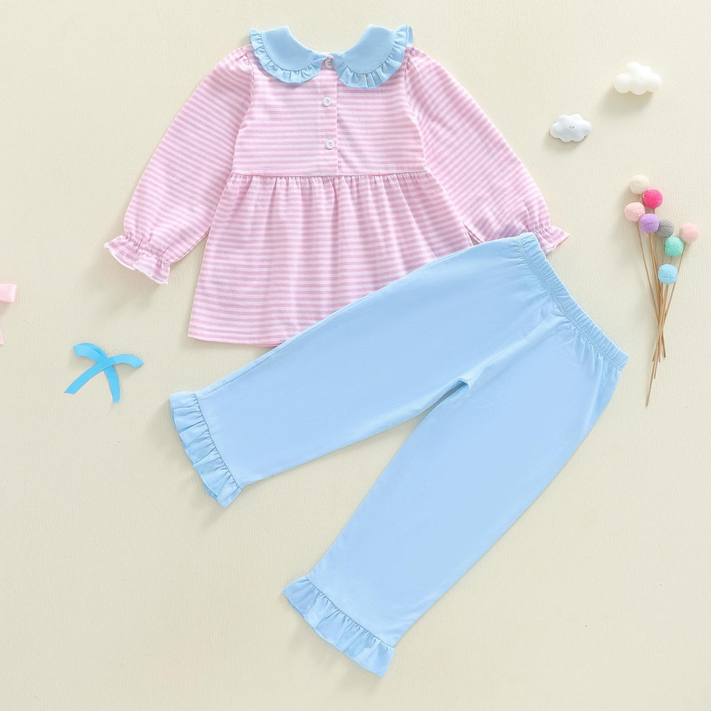 Girls Fall Outfits Strip Long Sleeve Top Solid Pants Casual Clothes Smocked Outfit Toddler Baby Outfits (Pink, )