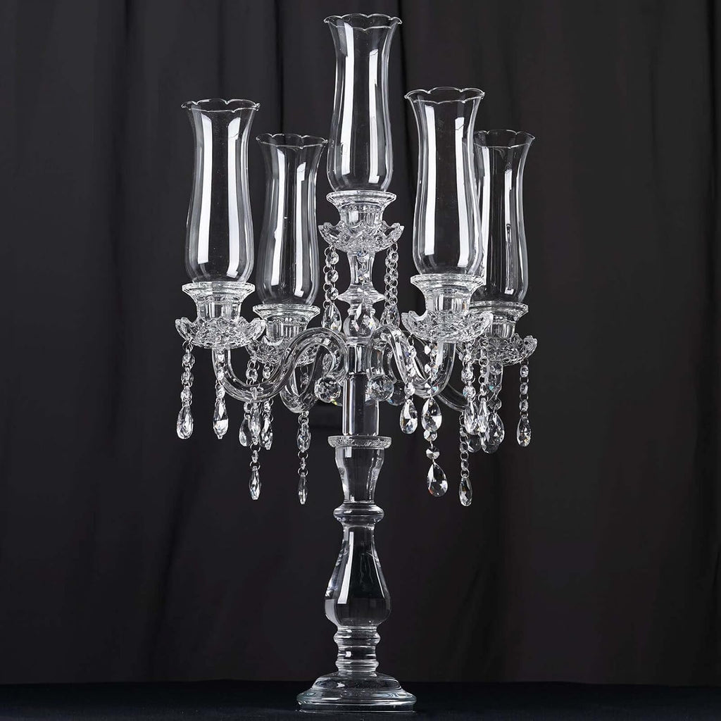 5 Arm Premium Crystal Glass Taper Candle Holder Candelabra with Chandelier Chains 32"