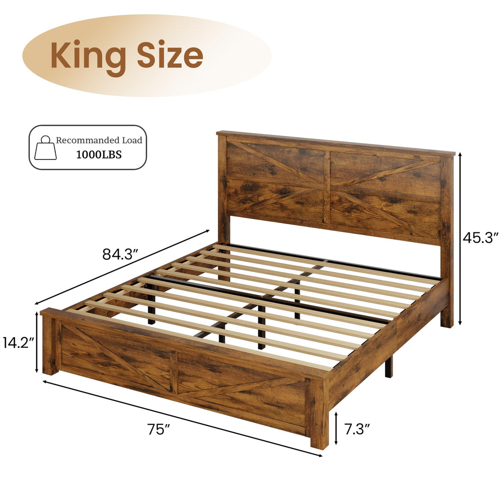 Farmhouse Wood Bed Frame with X-Shaped Panel Headboard, Brown