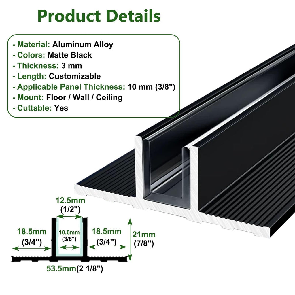 F/T Shape Glass Railing Base Rail Channel Black, Aluminum U Channel Profile