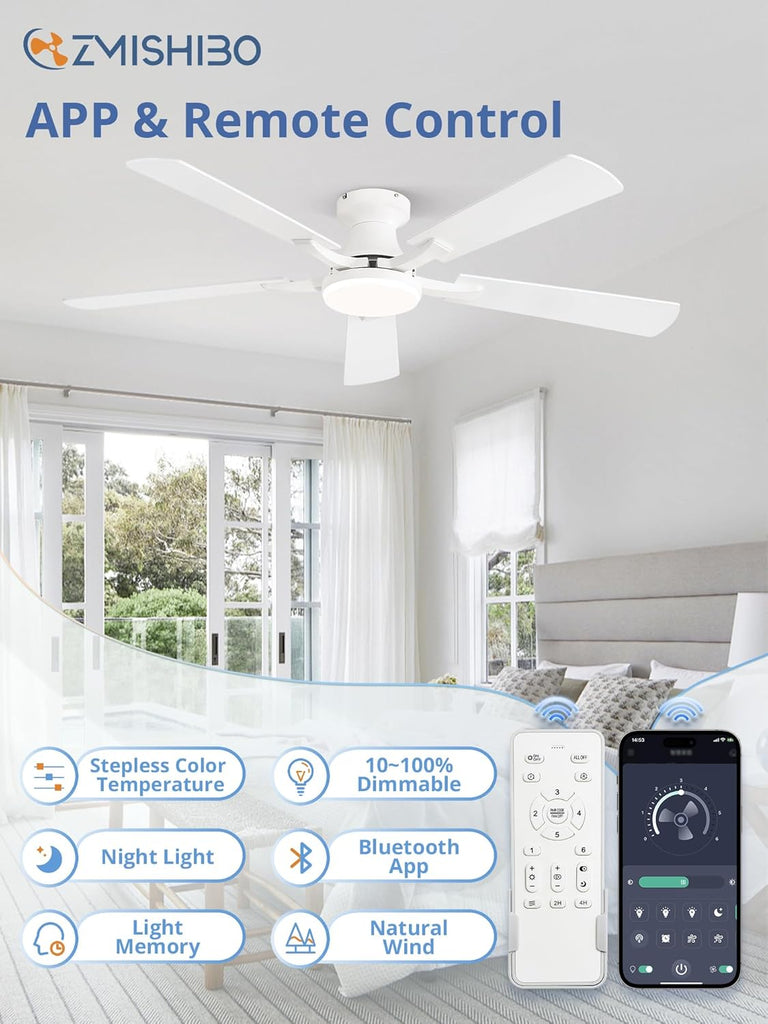 52 Inch Ceiling Fan with Light, App&Remote Control, Flush Mount Low Profile, Dimmable 20W LED Light, Quiet Reversible Motor for Bedroom, Living Room, Apartment, White A101-B0DPH9L7M1