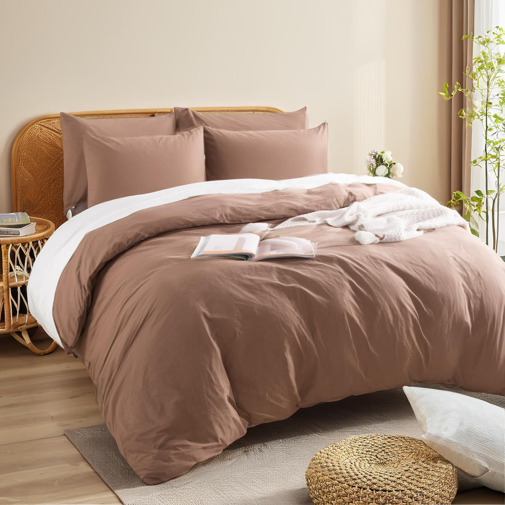 Duvet Cover Set Queen Size Linen Textured Organic Natural 100% Washed Cotton Duvet Cover Mocha Brown 3 Pieces Bedding