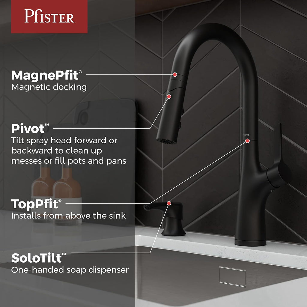 Ceylon Kitchen Faucet with Pull Down Sprayer and Soap Dispenser, Single Handle, High Arc Spout, Matte Black Finish