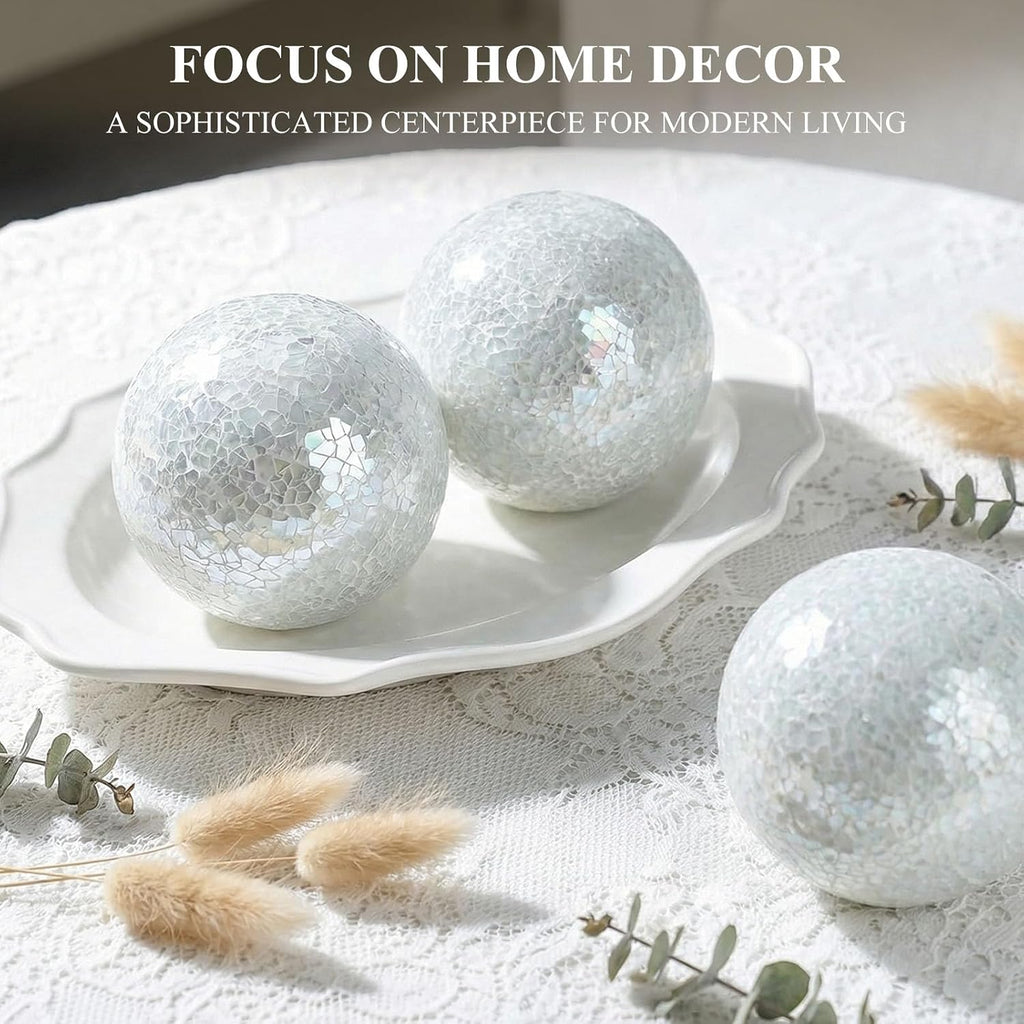 Decorative Balls for Bowls, 4 Inch White Orbs Glass Balls - Set of 3