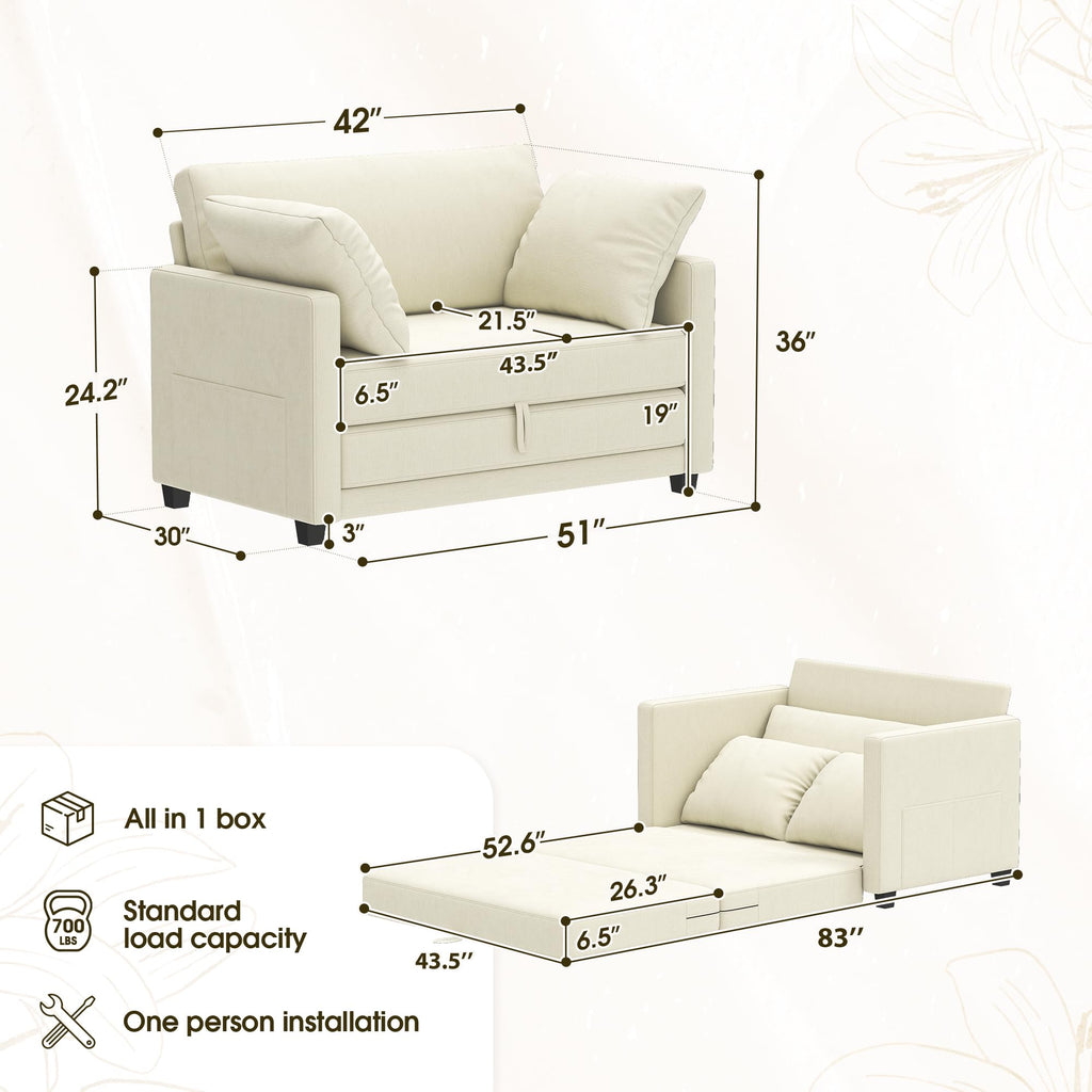 51" Convertible Sofa Bed, 2 in1 Folding Sofa Bed, Loveseat Sleeper Sofa for Small Spaces, Fold Out Floor Couch with 2