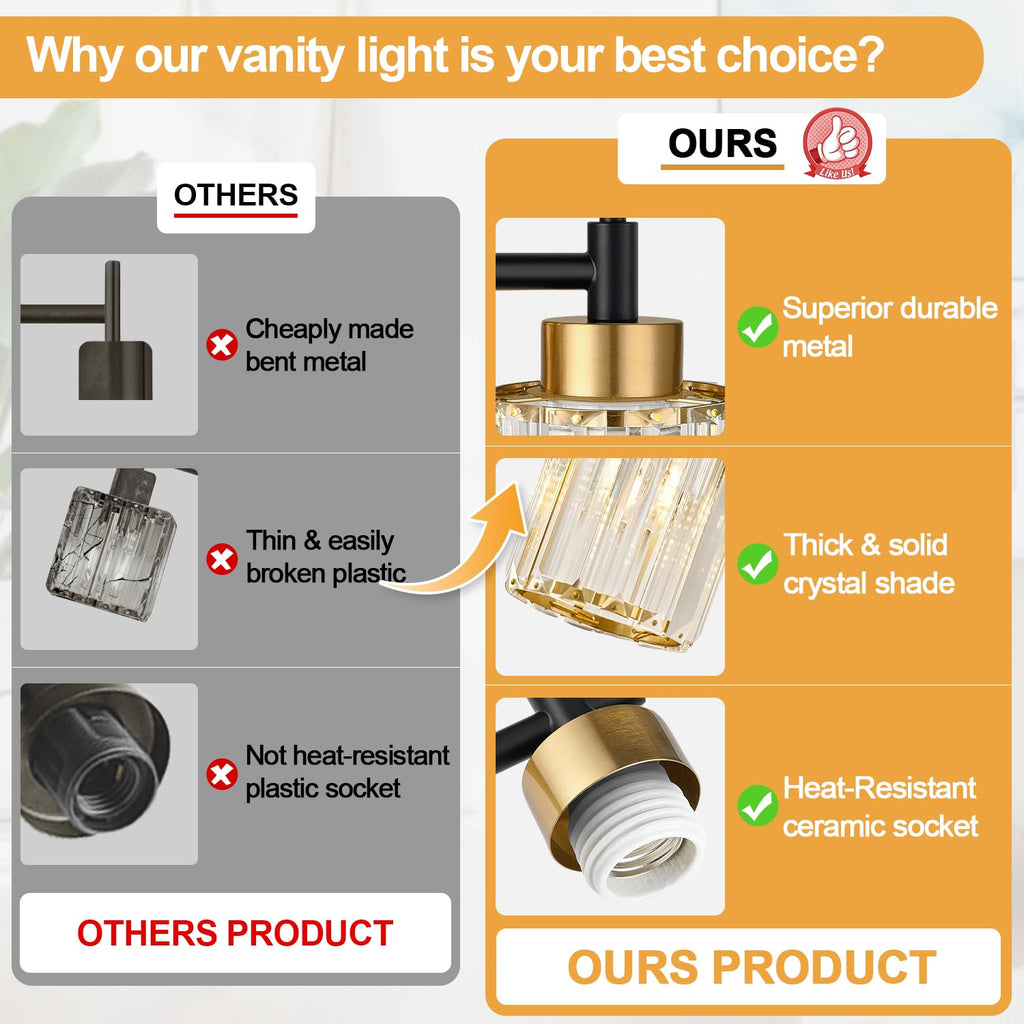 Bathroom Wall Sconces Set of 2, Black & Gold Wall Lights with Clear K9 Crystal Shades, Bathroom Light Fixtures