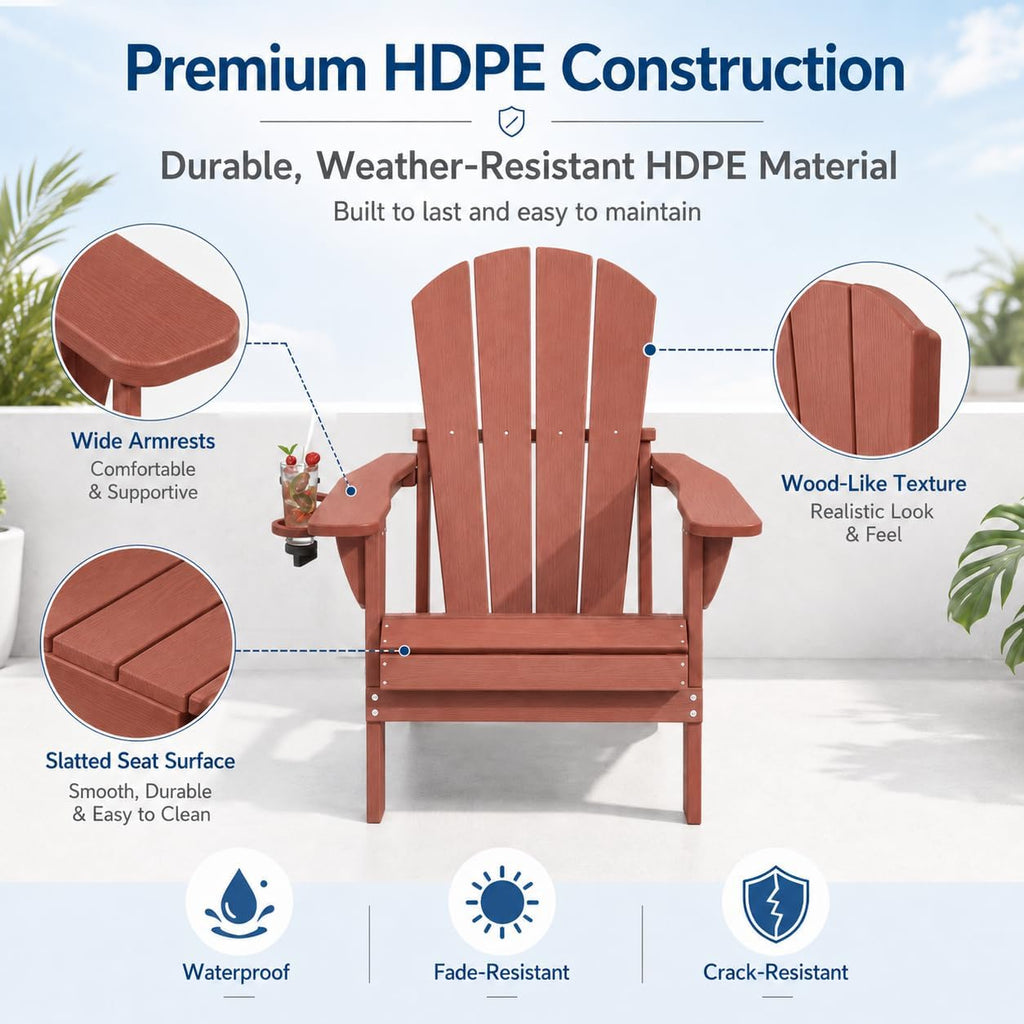 Folding Adirondack Chairs Set of 2 with Cup Holder, Heavy Duty HDPE Plastic Outdoor Lounge Chairs, All-Weather